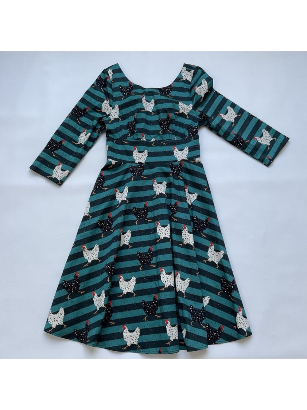 Eva Rose Women’s Teal Striped Dress Stretch V-neck With Chicken Printed Size S